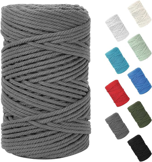 HOMEBOBO Macrame Cord 5mm x 109Yards (328Feet)Natural Cotton Macrame Rope - 4 Strands Twisted Macrame Cotton Cord for Wall HangingPlant HangersCraftsGift Wrapping and Wedding DecorationsDark Gray