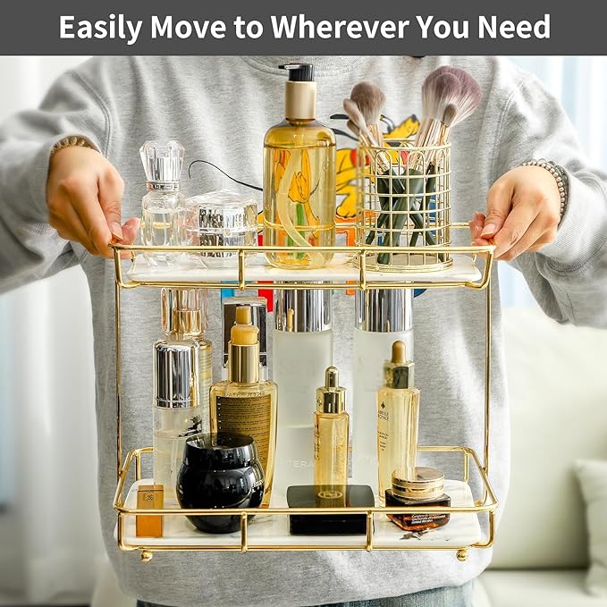 Bathroom Organizer Countertop Perfume Organizer Makeup Organizer Cosmetics Storage Display Rack Vanity Tray Dresser Stainless Steel Gold Shelf White Marble Ceramic Tray