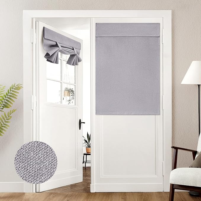 HOMEIDEAS 100% Light Gray Linen Blackout French Door Curtains, Privacy Door Window Curtains, 34 X 40 Inch Room Darkening Blinds, Thermal Insulated Shades for Bedroom, 1 Panel