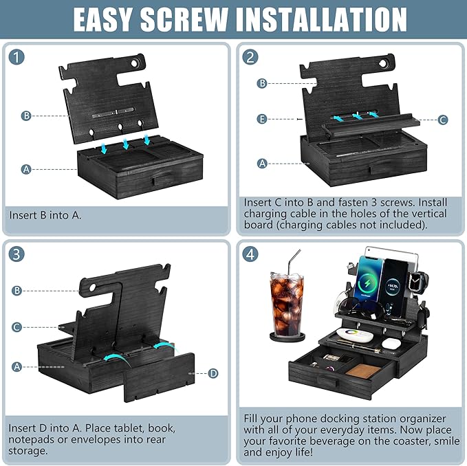 Black Wood Phone Docking Station for up to 3 Phones - Nightstand Organizer with Drawer for Valuables for Men & Women, Compatible With Apple Watch, Holds Phones, Tablets, Keys, Rings, Glasses, EDC