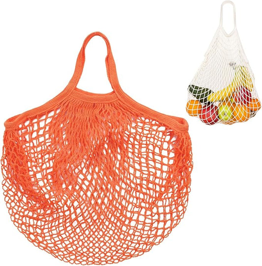 1-Pack Cotton Mesh Bag, Reusable Washable Mesh Net String Grocery Bags, Reusable Produce Bags with Handle, Net Tote Bag for Fruits/Vegetables Shopping [Orange, Short Handle]