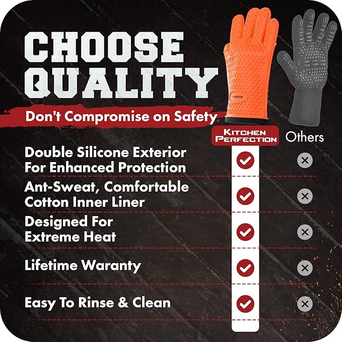 KITCHEN PERFECTION XL Silicone Smoker Oven Gloves-Extreme Heat Resistant BBQ Gloves-Handle Hot Food Right on Your Grill Fryer&Pit|Waterproof Grilling Cooking Baking Mitts|Superior Value Set+3 Bonuses