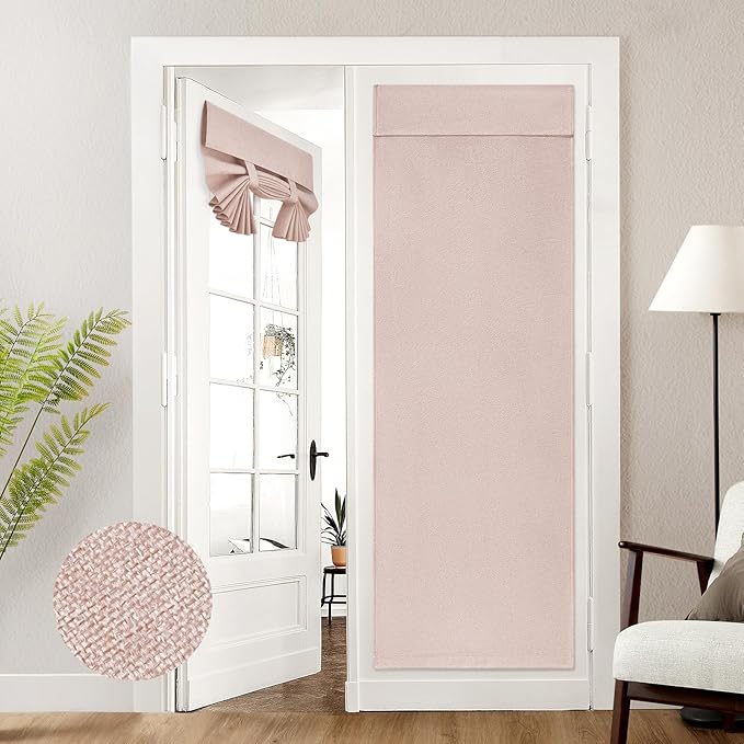 HOMEIDEAS 100% Blush Pink Linen Blackout French Door Curtains, Privacy Door Window Curtains, 26 X 72 Inch Room Darkening Blinds, Thermal Insulated Shades for Bedroom, 1 Panel