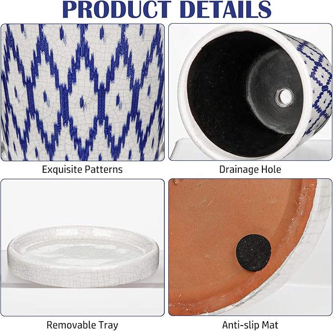 Plant Pots 5.5 Inch, Ceramic Planter with Drainage Hole and Saucer for Indoor Plants, Ice Crack Diamond Pattern Vintage Garden Pots for Succulent Orchid Snake Plants Flower (Blue)