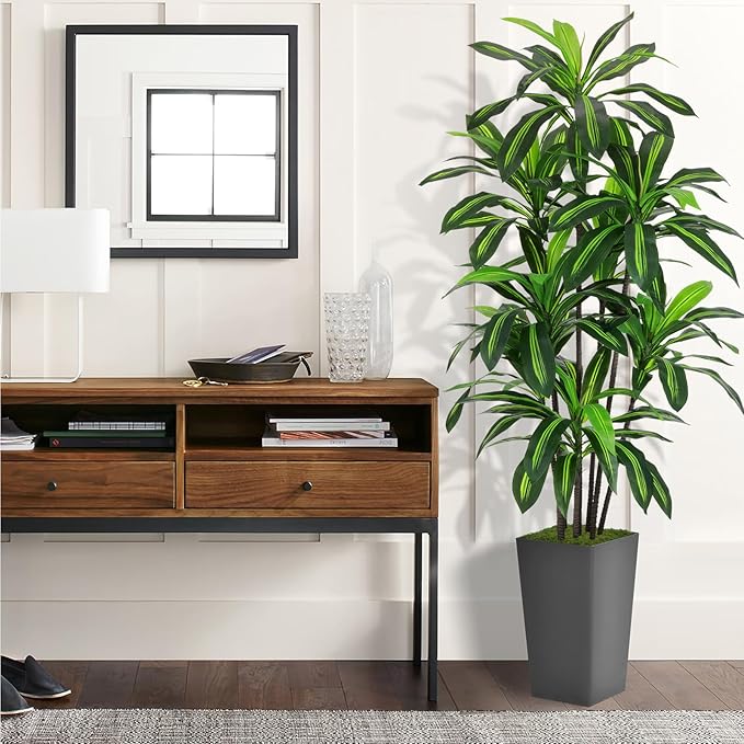 Artificial Dracaena Tree 6FT - Faux Tree with Gray Tall Planter - Fake Tropical Yucca Floor Plant in Pot - Artificial Silk Tree for Home Office Living Room Decor Indoor