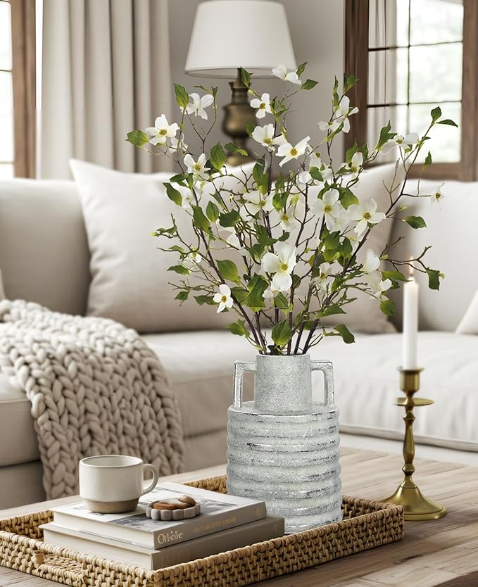 Hollyone Large Vintage Ceramic Vase with 2 Handles, 9.1" Tall Silver-Toned Antique Rustic Decorative Floral Grey Vases for Flowers Home Table Centerpiece Shelf Living Room Entryway Farmhouse Decor