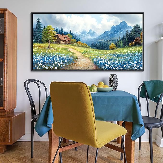 CHATYOUNG Framed Wall Art Landscape Paintings, Blue Misty Mountains Rustic Canvas Prints Farmhouse Cottage Wall Pictures Large 24"X48" for Living Room Bedroom Bathroom Home Decor Moving Gift