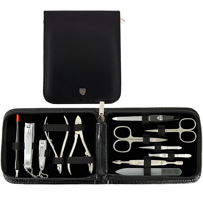 3 Swords Germany - brand quality 12 piece manicure pedicure grooming kit set for professional finger & toe nail care with black synthetic leather case - Made in Germany