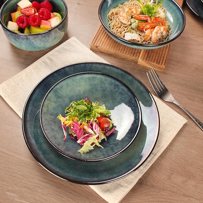 Ceramic Dinnerware (16 pcs) Serve 4 people, Plates and Bowls Sets, Reactive Glaze Dishes Set, Chip Resistant and Scratch Resistant, Dishwasher Microwave Safe, Suitable for dinner, parties