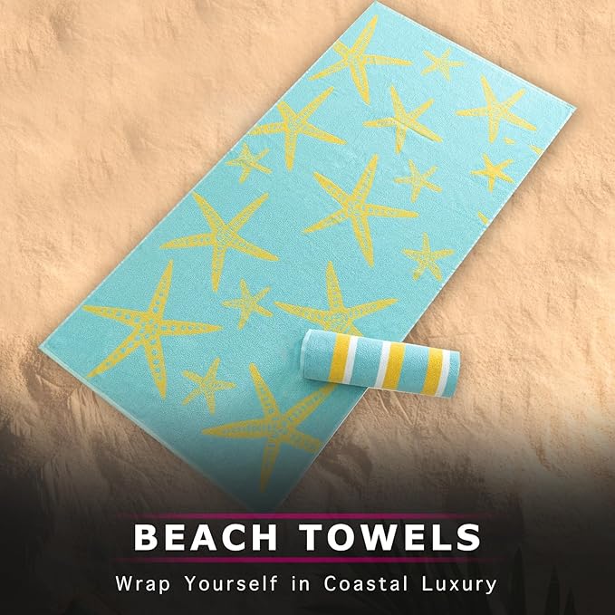 CASA COPENHAGEN Miami Bath Towels Designed in Denmark Rough and Tough, Quick Dry, for Pool, Bath & Shower 30"x60", 2 Pieces Cotton Beach Towels Set - Star Fish Teal + Yellow Stripe