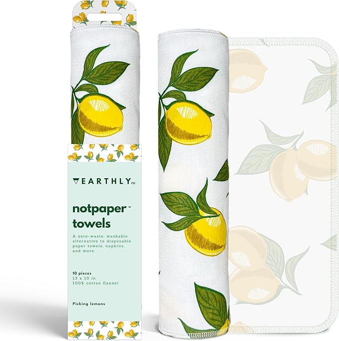 Reusable Paper Towels - 10 Pack - Roll of Washable Cotton Cloth Paper Towels - Paperless Reusable Napkins Cloth Washable - Absorbent + Long Lasting - Zero Waste Products - (Lemon)