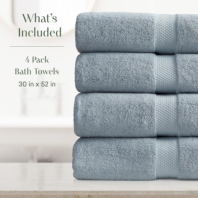 Springtree Home Blue Bath Towels Set of 4 | Classic Hotel Bath Towels | 100% Combed Cotton | Absorbent Quick-Dry Towels for Bathroom | Oeko-TEX® Standard 100 Cotton | Cynewski Collection - Blue Fog