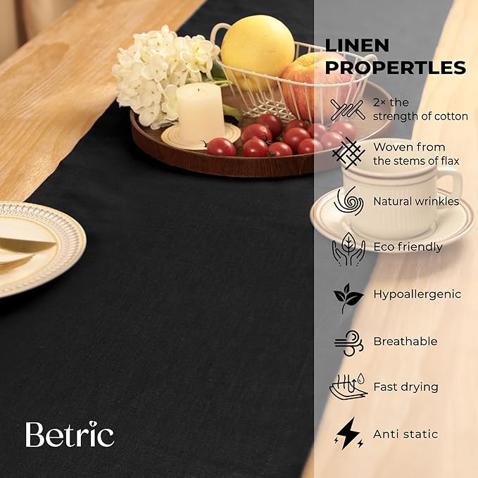 Small Coffee Farmhouse Table Runner for Fall, Thanksgiving, Christmas, and Winter - Athena - 100% Pure Linen - 14 x 48 Inches - Black