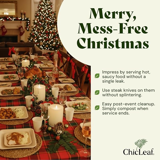 Chic Leaf Disposable Palm Leaf Plates - 50 Count, 8" Square, Christmas Meal - Bamboo Plates, Biodegradable & Compostable - Microwave Safe & Heavy Duty - Event & Party Supplies - Wedding Decor