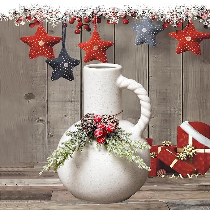 Ceramic Vase with Handles, Minimalist Modern Home Decor, Small Pampas Grass Vases for Table, Shelf Bookshelf, Mantel, Entryway Decorative Flower Vase Centerpieces for Dining Table