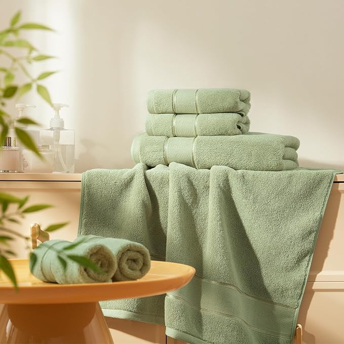 Marvione Bath Towels Set 6 Piece, 100% Turkish Cotton Highly Absorbent and Soft Towels for Bathroom 2 Bath Towels 2 Hand Towels 2 Washcloths, Sage Green