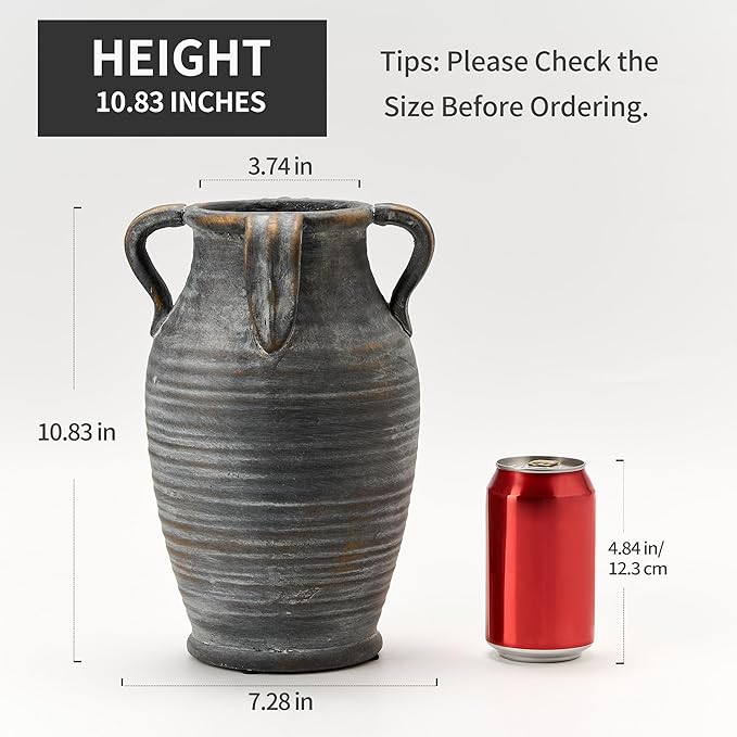 Handmade Ceramic Vase with 4 Handles, 10.83" Tall Farmhouse Rustic Terracotta Flower Vase, Vintage Vases for Home Decor, Wedding, Living Room, Table, Shelf Decor, Black Bronze