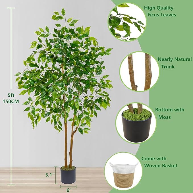 Artificial Ficus Tree, 5ft Tall Fake Ficus Tree with Basket, Faux Plant for Indoor Outdoor Home Livingroom Office Garden Porch Décor
