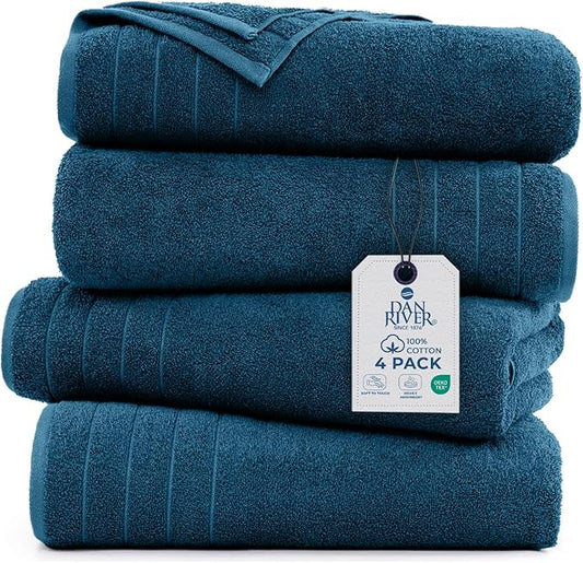 DAN RIVER Bath Towels Set of 4, 30 x 60 Inches, 100% Cotton, Larger & Lighter Weight, Quicker to Dry, Super Soft and Absorbent, Ideal Hotel Towels for Daily Use, Blue Opal