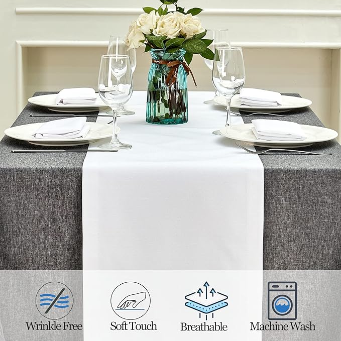 Mebakuk Linen Farmhouse Table Runner Large Burlap Style Soft and Waterproof Decorative Fabric Runner for Outdoor Wedding and Dinner (14 x 90 Inch, White)
