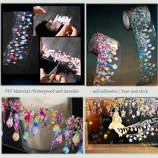 PET Tpae Stickers for Journaling,3 Rolls Christmas Lighting Washi Tape Stickers for Scrapbooking,Junk Journal Supplies,DIY Craft,Gift Wrap,Notebook,Phone Case(Night Light)