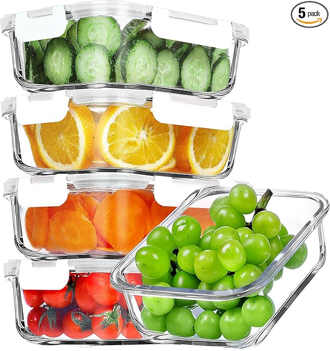 VERONES 5 Pack 36 OZ Glass Meal Prep Containers, Airtight Glass Lunch Containers Set, Food Storage Containers with Lids,Exclusive of BPA, for Microwave, Oven, Freezer & Dishwasher Friendly,White