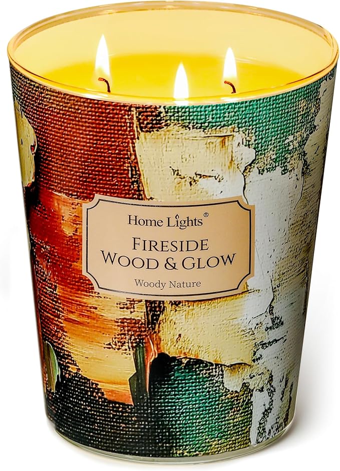 HomeLights 3-Wick Candles for Home Scented - 34oz Soy Wax Blend Candle Long-Lasting Fragrance, Industrial Chic Home Decor and Housewarming Gifts, Fireside Wood & Glow