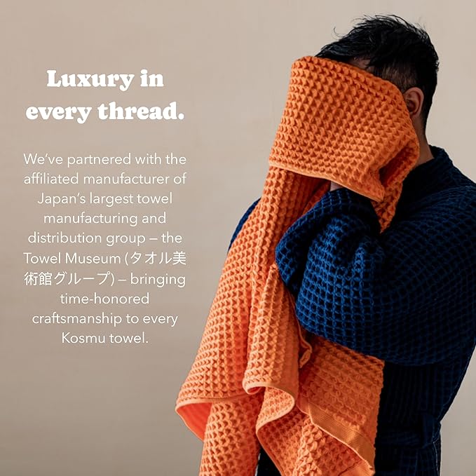 Luxury Japanese Cotton Waffle Bath Towel | Plush, Absorbent, and Quick Dry | Free Storage Bag Included (Coral Orange, Bath Sheet, 67" x 34")