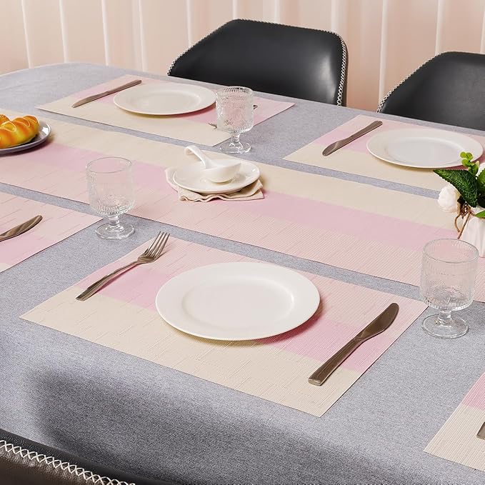 Placemats Set of 8, Vinyl Woven Place Mats Indoor Set of 8 Washable Wipeable PVC Table Mats Heat-Resistant Non Slip Plastic Placemat for Kitchen Dining Outdoor Table (Beige Pink, Set of 8)