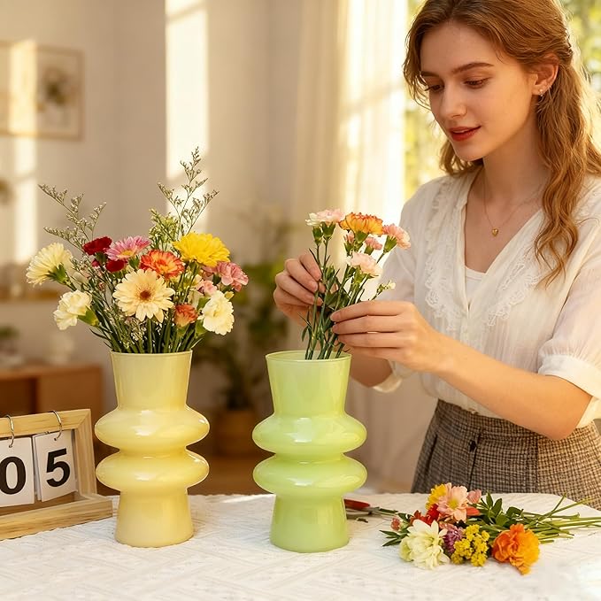 JSPYFITS Modern Glass Vases, 7.87" Tall Four-Layer Glass Vase Bubble Flowers Vases Decorative for Home Décor, Decorative Milky Yellow Glasses Table Vase for Wedding Housewarming Gift