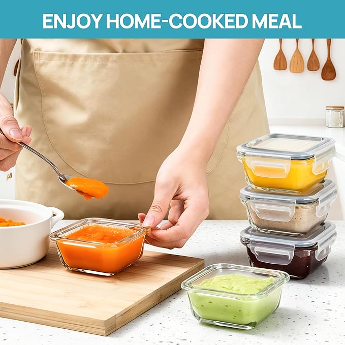 Vtopmart 5Pack 5oz Small Glass Storage Containers with Lids, Glass Meal Prep Food and Sauce Container Sets with Snap Airtight Lids for Microwave, Oven, Freezer and Dishwasher, Grey