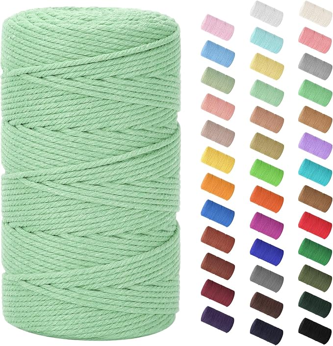 HOMEBOBO Macrame Cord 3mm x 220Yards (656Feet)Natural Cotton Macrame Rope - 4 Strands Twisted Macrame Cotton Cord for Wall HangingPlant HangersCraftsGift Wrapping and Wedding DecorationsPea Green