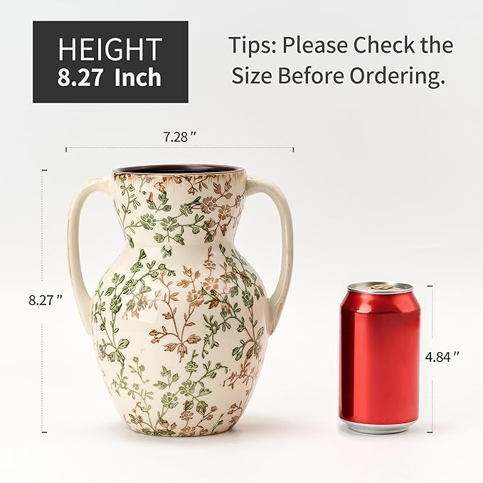 Green and Beige Farmhouse Vintage Vase with 2 Handles, Chinoiserie Floral Vase, Rustic Ceramic Vases for Home Decor, Wedding, Living Room, Table, Shelf Decor - 8.3 Inch Tall