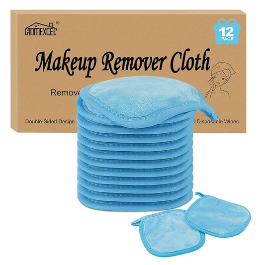 HOMEXCEL Makeup Remover Cloth 12 Count (Pack of 1), Reusable Makeup Remover Pads, Washable Ultra Soft Facial Cleansing Cloths For All Skin Types, 5 X 5 In, Blue