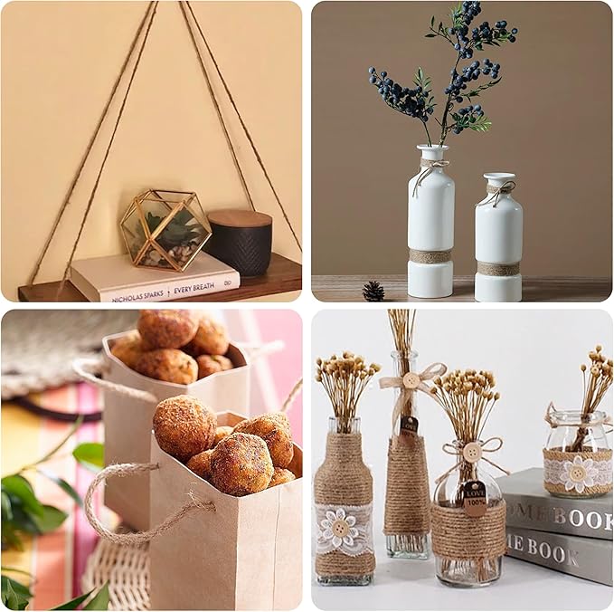 Natural Jute Twine 656ft 6mm,4Ply Twisted Thick Twine Rope Strong Jute String Roll for Crafts Gift Wrapping Gardening Home Decor Bundling Cat Scratching Post