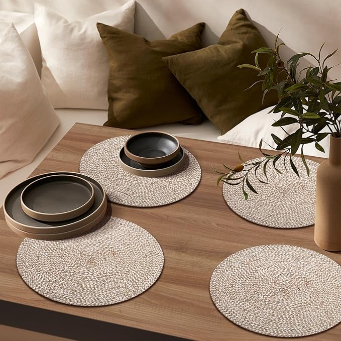 Hausattire Jute Braided Placemats 14 Inches Round Set of 4 Reversible Handwoven Boho Vintage Placemats for Kitchen Dining Tables|BBQ's Thanksgiving Decor Weddings Indoor & Outdoor Parties|Off-White