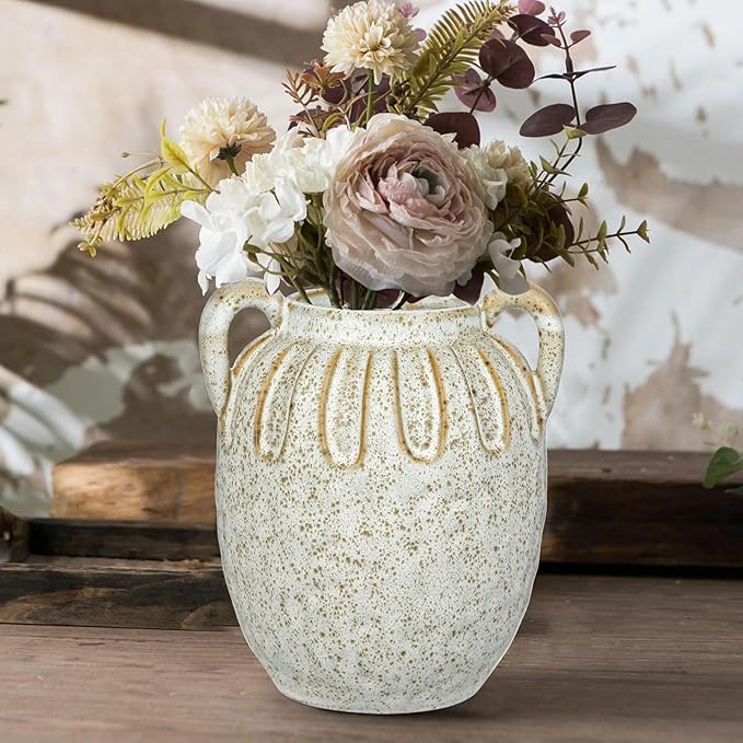 Vintage Ceramic Vase with 2 Handles,Farmhouse Boho Vase for Home Decor, Petal-Like Pluting Rustic Vase for Flower, Centerpiece Table Decoration 6.1 Inch