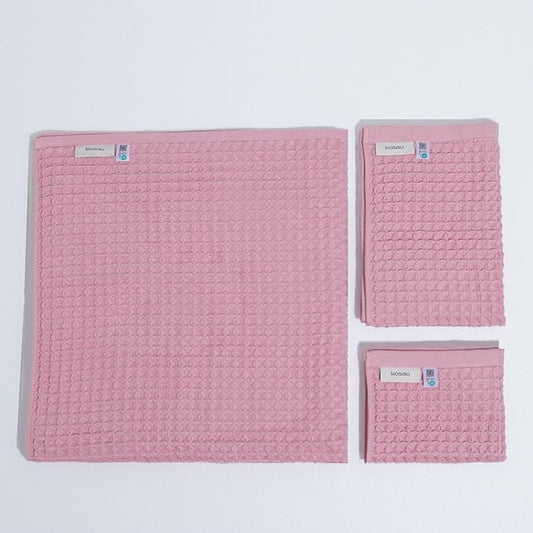 Luxury Japanese Cotton Waffle Bath Towel | Plush, Absorbent, and Quick Dry | Free Storage Bag Included (Sakura Pink, Bath Towel Set (3-Piece))