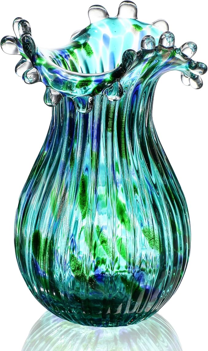 Green Glass Bubble Vase for Flowers, 8.5" Blown Glass Vase for Home Decor, Modern Art Flower Vases Decorative | Table Centerpiece, Olive Plant, Wedding, Living Room, Bookshelf, Office, Entryway