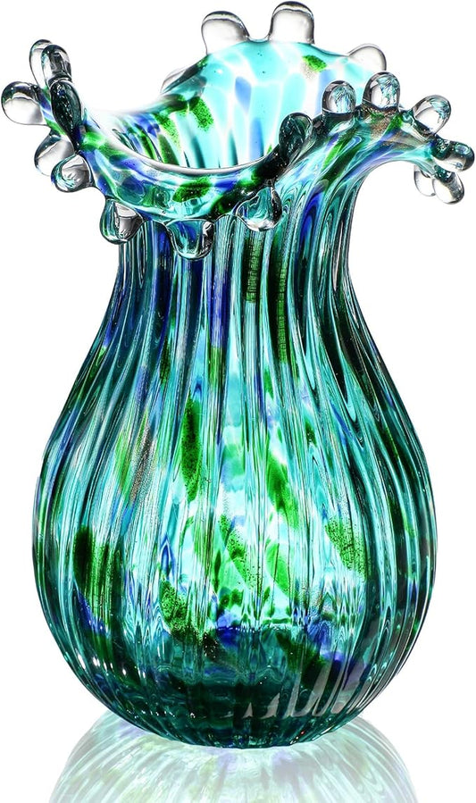 Green Glass Bubble Vase for Flowers, 8.5" Blown Glass Vase for Home Decor, Modern Art Flower Vases Decorative | Table Centerpiece, Olive Plant, Wedding, Living Room, Bookshelf, Office, Entryway