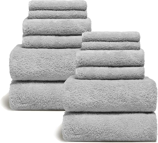 Italic Ultraplush 12-Piece Family Towel Set – Luxury Bath Towels, Hand Towels & Washcloths – Plush, Quick Dry 800GSM 100% Australian Cotton for Bathroom & Spa (Light Gray)