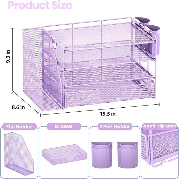 OPNICE Desk Organizer and Accessories, 4-Tier Desktop File Organizer with Drawer and 2 Pen Holders, Office Desk Accessories, File Sorters, Workspace Organizers for Office Supplies(Purple)