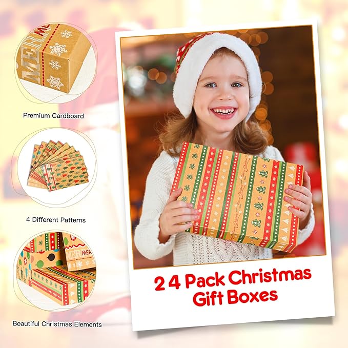 joyhalo 24 Pack 14.5" Christmas Gift Boxes with Lids for Presents, 4 Designs Gift Boxes Bulk, Kraft Gift Wrapping Boxes for Clothes,Shirts,Robes,Sweaters and Socks