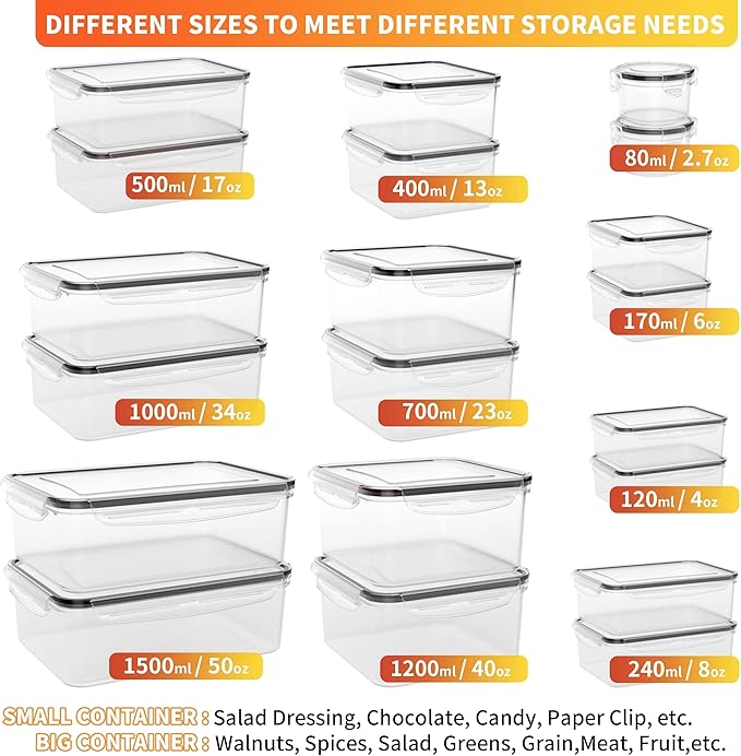 40 PCS Plastic Food Storage Containers with Lids Airtight, BPA-Free Leakproof Meal Prep Containers Reusable,Microwave & Dishwasher & Freezer Safe,Includes Labels & Pen