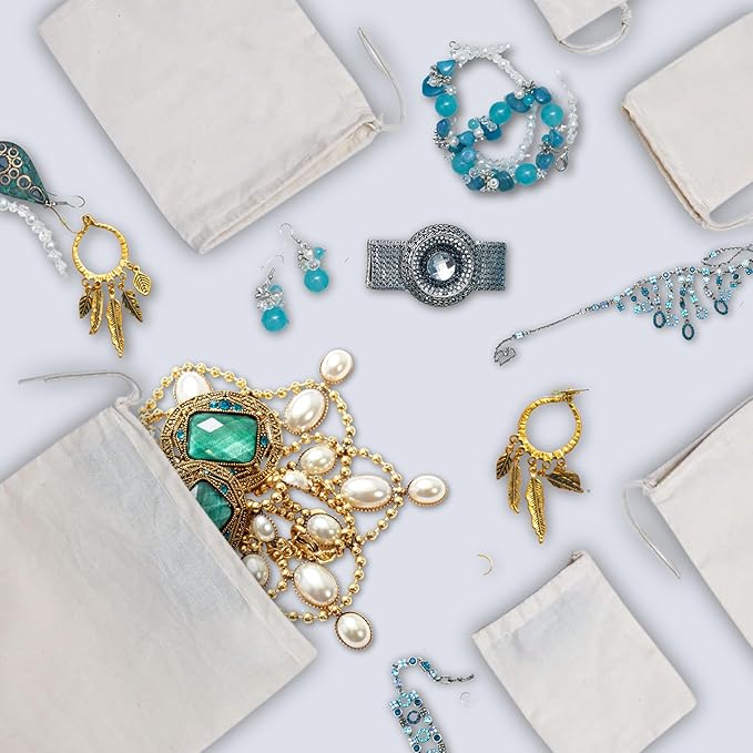 100Pcs 3 x 5 Inches Premium Cotton Muslin Double Drawstring Bags, Reusable Bag Natural Cotton Bags with Drawstring Produce Bags Bulk Gift Bag Jewelry Pouch for Party Wedding Home Storage