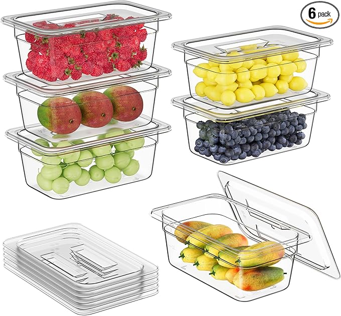 1/4 4'' 6 Pack Plastic Food Pans With Lids, Clear Food Pan, Commercial Stackable Polycarbonate Freezer-Safe for Fruits Vegetables Restaurant Kitchen