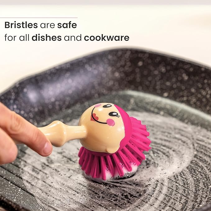 Vigar Dolls April Dish Brush with Ergonomic Handle and Dres-shaped Storage Holder - Scrub Brush for Pans, Pots, Kitchen Sink Cleaning, White, Pink