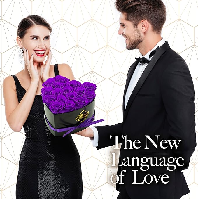 GLAMOUR BOUTIQUE 16 Flower Forever Heart Shape Box - Preserved Roses Gift for Her, Preserved Flowers, Purple