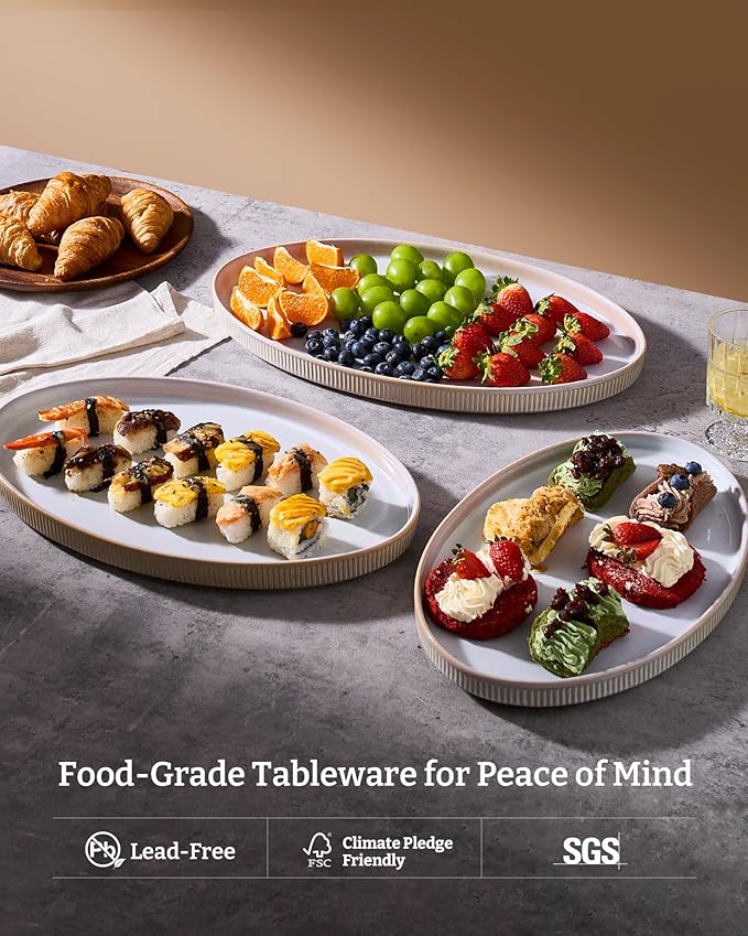 famiware Serving Platter, 16/14.6/12.9 Inch Serving Dishes for Entertaining, Party Serving Trays for Food, Buffet Oval Platters for Food, Large Plates for Turkey Cheese Appetizer, Cappuccino White