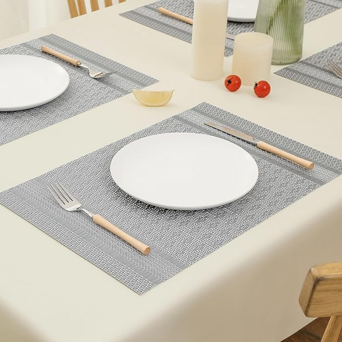Leetaltree Lunar Grey Placemats Set of 4 - Heat Resistant Non-Slip Place mats for Dining Table, Washable Durable PVC Vinyl Woven Table Mats（Lunar Grey, 4）